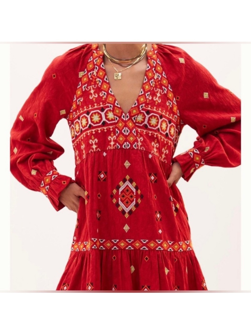 Anthropologie, Red, Aztec Embroidered, Mini Dress